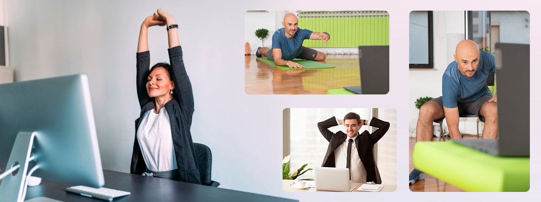Više mladih žena i jedan muškarac, svatko u svojem uredu, gledaju u laptop i vježbaju s fizioterapeutom. 